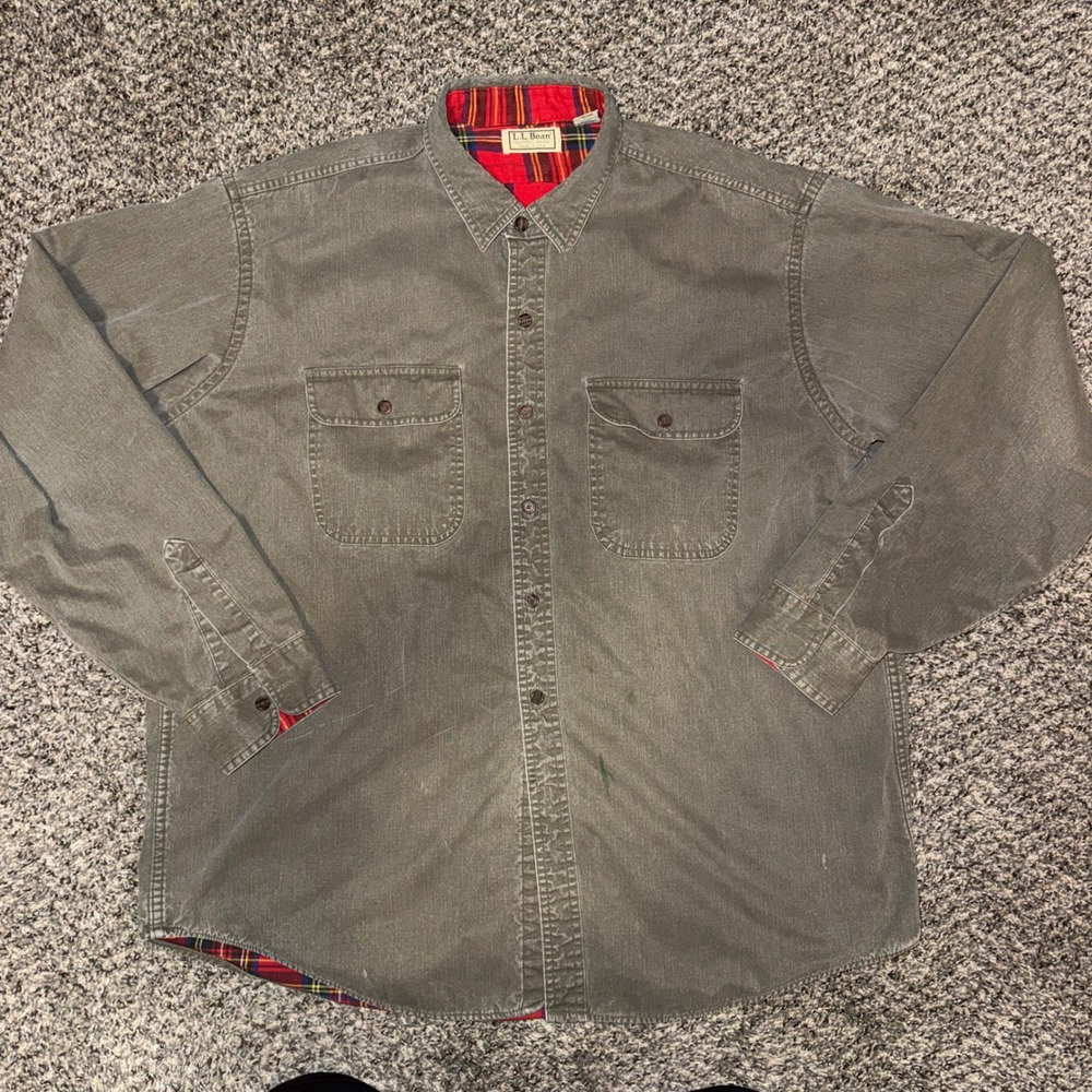 Vintage 80s LL Bean Flannel Lined Shirt XL Made in USA Olive Green Canvas Jacket